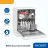 A white dishwasher with its door open, showcasing its interior and various features highlighted by icons and text on the left side. The brand logo and a tagline are at the bottom right and bottom center, respectively. Produktbild-Vorschau