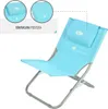 A light blue folding chair with a headrest, shown from a diagonal angle against a white background. There are close-up insets showing the headrest. Anteprima dell’immagine prodotto