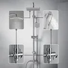 A collage of images showing a modern shower system with close-ups of its components and dimensions. Produktbild-Vorschau
