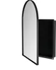 A black medicine cabinet with a mirrored door is shown against a white background. The door is partially open, revealing glass shelves inside. Produktbild-Vorschau