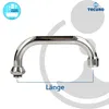 A chrome faucet spout is shown against a white and light gray background with branding and measurement indicators. Produktbild-Vorschau