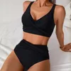 Bikiny s vysokým pasem - Dvoudílné plavky černé - Řasené Náhled obrázku produktu 7