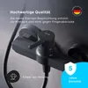 Close-up of a black shower faucet with text overlays highlighting quality and warranty. Produktbild-Vorschau