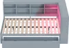 A gray sofa bed with a slatted mattress base and storage drawers underneath. Pink lighting illuminates part of the shelving unit above the bed. Produktbild-Vorschau