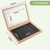 An open wooden frame with a white insert and a black tray, showing dimensions. Produktbild-Vorschau