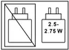 An image showing two diagrams of power adapters. The left diagram shows a power adapter with a diagonal line through it, indicating it should not be used. The right diagram shows a power adapter with text indicating a power range of 2.5-2.75 W. Produktbild-Vorschau