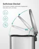 Close-up of a stainless steel trash can lid opening, illustrating its soft-close feature with an angle indicator. Produktbild-Vorschau