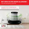 A close-up of a white HEPA filter with green swirling leaves around it, set against a blurred background of a room interior. Produktbild-Vorschau