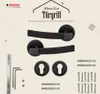 A marketing image showcasing a black door handle set with various accessories, presented on a light beige background with decorative elements. Produktbild-Vorschau
