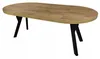 A wooden oval table with black legs on a white background. Náhled obrázku produktu