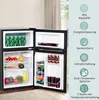 An open mini-refrigerator filled with food and drinks, with a side panel displaying product features. Podgląd zdjęcia produktu