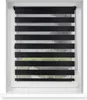 A black and white striped roller blind is shown in a window frame. Produktbild-Vorschau