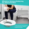 A person sitting on a toilet with a bidet seat attachment in front of them, with text overlays describing its benefits. Produktbild-Vorschau