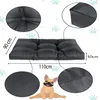A dog bed with dimensions and close-up views of its texture and stitching, alongside a graphic of a French bulldog. Produktbild-Vorschau