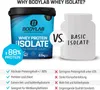 A comparison image showing two protein powder containers, highlighting the benefits of one over the other. Produktbild-Vorschau