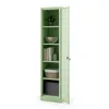 A tall, pale green metal cabinet with its door ajar, displaying several shelves filled with various items. Podgląd zdjęcia produktu