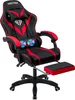 A black and red gaming chair with a footrest and massage features, shown from a slightly angled front view on a white background. Náhled obrázku produktu
