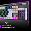 Close-up of a gaming keyboard with RGB lighting and multimedia controls. Produktbild-Vorschau