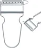 A stainless steel julienne peeler and a close-up view of its blade. Produktbild-Vorschau