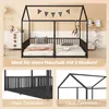 A collage of images showcasing a black metal house-shaped bunk bed for children, with close-ups of its design elements. Podgląd zdjęcia produktu