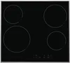 A top-down view of a black ceramic glass cooktop with four heating elements and control buttons at the bottom. Produktbild-Vorschau