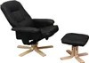A black leather recliner chair with a matching ottoman, both on wooden swivel bases. Podgląd zdjęcia produktu