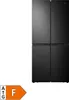 A black Hisense refrigerator with a four-door design is shown against a white background. An energy efficiency label is visible in the bottom left corner. Produktbild-Vorschau