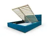 A blue upholstered bed frame with its wooden slatted base lifted to reveal storage space underneath. Produktbild-Vorschau