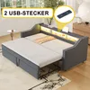 A dark gray sofa bed is shown in a room with a window and a dresser. The sofa bed is pulled out into a bed and has LED lighting and USB ports. Voir les images du produit
