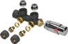 A disassembled plumbing fixture set, including a manifold, valves, and connectors, laid out against a white background. Produktbild-Vorschau
