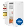 A white Exquisit refrigerator with its door slightly ajar, displaying food items inside. Several award badges are attached to the left side of the refrigerator. Produktbild-Vorschau