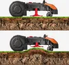 A robotic lawnmower is shown in two different positions relative to the ground, illustrating its ability to navigate uneven terrain. Produktbild-Vorschau