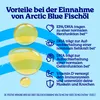 A graphic illustrating the benefits of Arctic Blue Fish Oil, featuring large oil droplets and text detailing health advantages. Produktbild-Vorschau