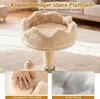 A close-up view of a cat tree with a hand touching the plush material, and a separate image showing the filling. Text overlays highlight product features. Produktbild-Vorschau