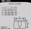 A size chart for Umbro men's boxer shorts, showing measurements for different sizes and a diagram of the product with measurement indicators. Náhled obrázku produktu