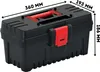 A black toolbox with red accents is shown from a slightly elevated side angle, with dimensions indicated by arrows and text. Produktbild-Vorschau