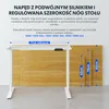 This is a collage-style image for a standing desk frame, showing its adjustable width and suggesting compatible tabletop sizes. It includes text overlays with product features and dimensions. Podgląd zdjęcia produktu