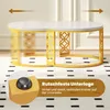 Two nesting coffee tables with white marble-like tops and gold metal frames are shown on a patterned rug. An inset highlights a non-slip foot. Produktbild-Vorschau