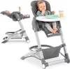 Two high chairs are shown, one with a baby eating and another with a baby lying down. Produktbild-Vorschau