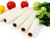 Several rolls of plastic wrap are arranged diagonally in the foreground, with two red apples, two yellow lemons, and a bunch of green leafy vegetables in the background. Produktbild-Vorschau