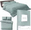 A collage of images showing a mint green striped satin duvet cover set and a packaged duvet cover. Náhled obrázku produktu
