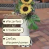 A vase with sunflowers and large leaves, with text overlays describing features. Produktbild-Vorschau