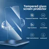 A clear tempered glass screen protector is shown standing upright, with arrows indicating rotation. Feature icons and text are displayed to the right. Produktbild-Vorschau