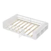 A white wooden bed frame with a slatted base and built-in storage shelves. Produktbild-Vorschau
