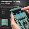 A hand is holding a green phone case with a sliding camera cover and a ring holder. The background is dark gray with some text and graphics highlighting the features of the case. Produktbild-Vorschau