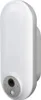 A white, oval-shaped security camera with a metallic circular faceplate containing a lens and a motion sensor. Produktbild-Vorschau