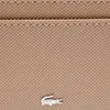 A close-up view of a taupe-colored wallet with a small, white crocodile logo. Voir les images du produit
