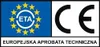 The image shows two logos, one with stars and the text 'ETA' inside a circle on a blue background, and another with the letters 'CE' in black on a white background. Below these logos, text reads 'EUROPEJSKA APROBATA TECHNICZNA'. Produktbild-Vorschau
