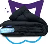 A folded black duvet is presented against a white background with graphic elements. Produktbild-Vorschau