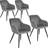 Four gray upholstered dining chairs with black legs are arranged on a white background. Náhled obrázku produktu